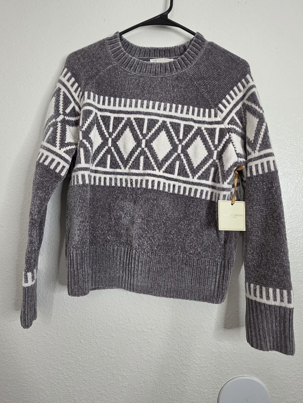 Christian Siriano Chenille Sweater Small NWT Gray White Fair Isle Diamond Knit